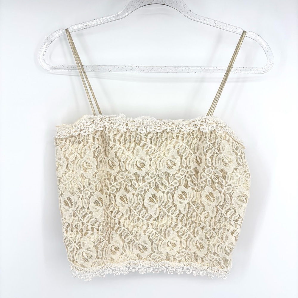 Vintage 70s Crop Top Lace Metallic Gold Spaghetti Strap  JcPenny Boho Chic Retro